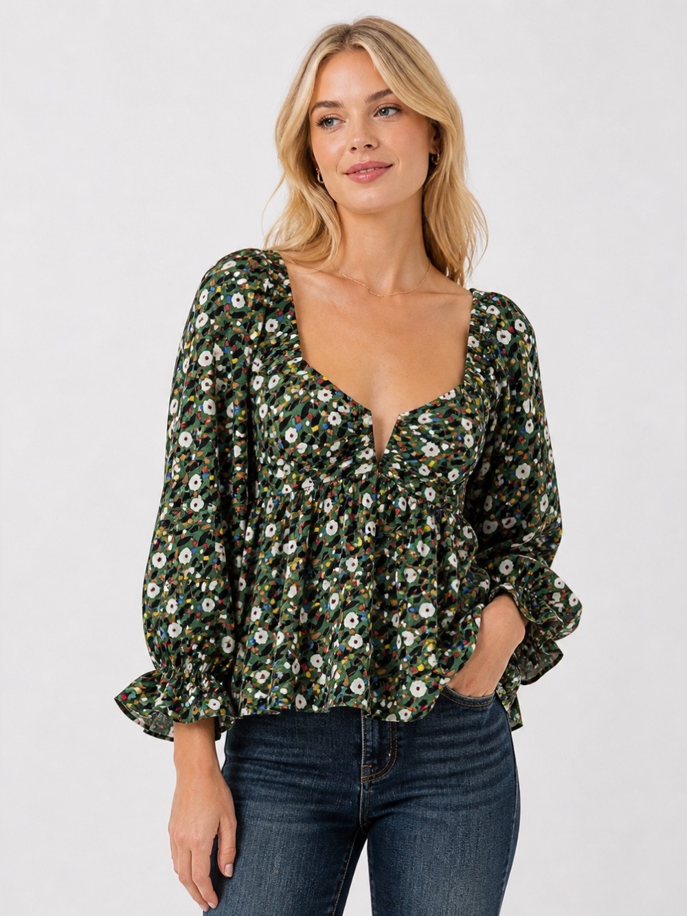 Entro Floral Babydoll Peplum Blouse Green Smocked Puff Sleeve Top S